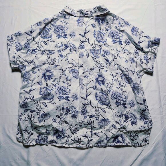 Cynthia Rowley Womens Medium 100% Linen Flora Button Shirt White Blue - Picture 2 of 8